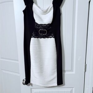 Joseph Ribkoff Black and White Cowl Neck Bodycon Dress